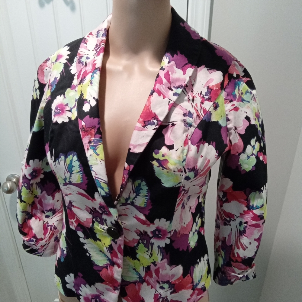 Candie's Size S Floral Tailored Fit Lined Blazer Rouched 3/4 Length Sleeves